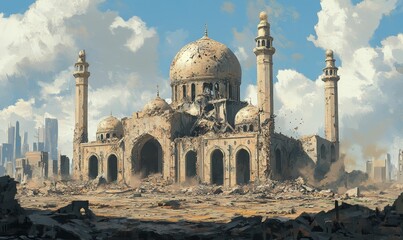 Wall Mural - Ruined mosque in a war-torn city.