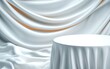 © Moonroad - A smooth white table draped in elegant fabric against a flowing white backdrop creates a serene and sophisticated atmosphere.