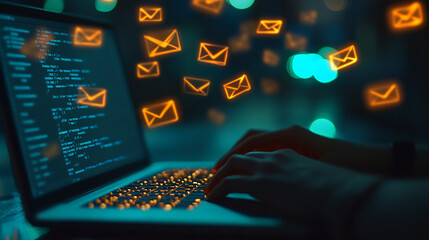 Laptop with glowing email icons  programmer working on code  late night work  online commu