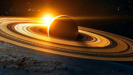 Wall Mural - saturn planets in deep space with rings and moons surrounded. isolated on black background video