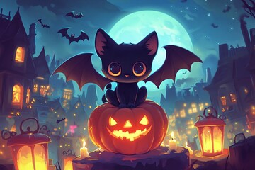 A cute black cat with bat wings sits on a carved pumpkin in a spooky Halloween night setting filled with candles and a full moon