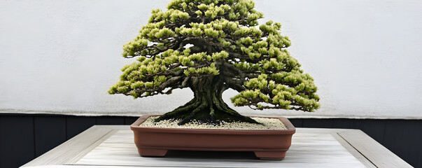 A bonsai tree with green leaves and a thick trunk in a brown pot on a wooden table.