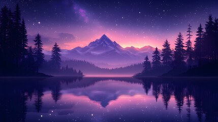 A majestic mountain range is reflected in a still lake under a night sky filled with stars.