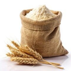 Brown wheat flour in a burlap sack with golden wheat ears on a white background. Generative AI