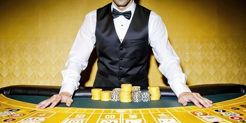 Fototapete - Croupier managing a standard scale game at a casino table in the evening. Generative AI
