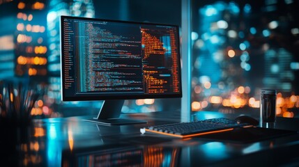 Computer monitor displaying code in a futuristic office setting