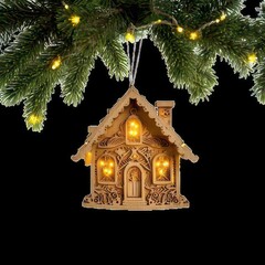 A wooden house ornament with intricate carvings hangs from vibrant green spruce branches, adorned with small fairy lights, creating a festive and magical scene, isolated on a white background