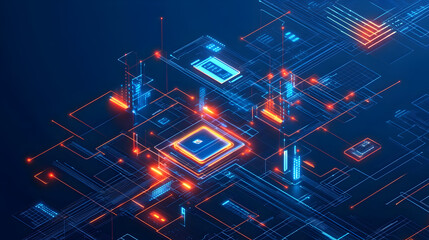 Abstract digital network with glowing lines, a central processing unit and circuit boards on a dark background.