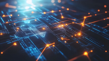 Abstract digital network with glowing lines and nodes.