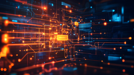 Abstract futuristic digital network with glowing lines and data.