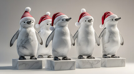 Marble penguin figur with red christmas hat and white fur isolated