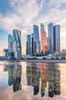 High buildings of Moscow-City at Moskva River at summer sunset, Russia.