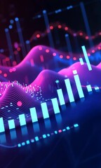 Slow motion VDO of  Data Flow: Abstract visualization of financial data, glowing with vibrant pink and blue hues, creating a dynamic and futuristic representation of market trends.