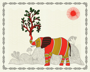 Gentle Giant: A Serene Gond Artwork of an Elephant. Gond elephant painting, Indian folk art elephant, Tribal elephant artwork, Gond jungle art