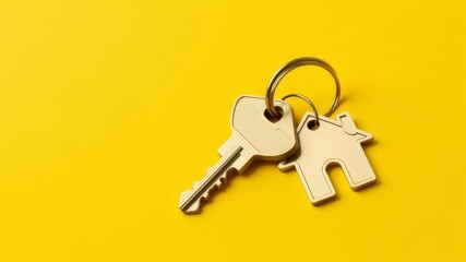 bunch of keys and keychain with house lying isolated on yellow background