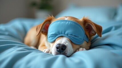 dog sleeping on soft bed with sleep mask on face