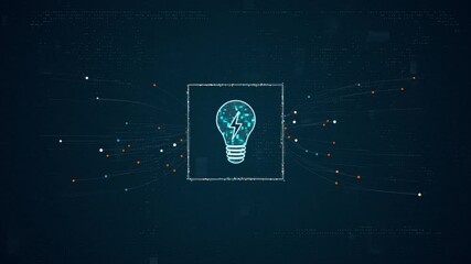 Wall Mural - motion graphic of blue digital lamp logo with particles dot spread on abstract background with light