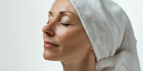 Wall Mural - old middle aged relaxed adult woman profile portrait relaxing in spa studio with towel on head, skin