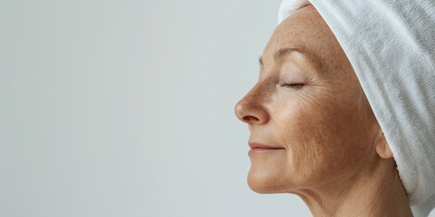 Wall Mural - old middle aged relaxed adult woman profile portrait relaxing in spa studio with towel on head, skin