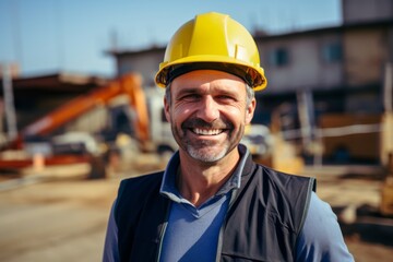 Wall Mural - Smiling portrait of a middle aged Caucasian businessman on construction site