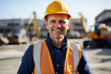 Wall Mural - Smiling portrait of a middle aged Caucasian businessman on construction site