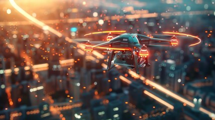 Modern drone with glowing rotors flying over futuristic metropolis with illuminated roads and skyscrapers at sunset, representing future technology and urban innovation