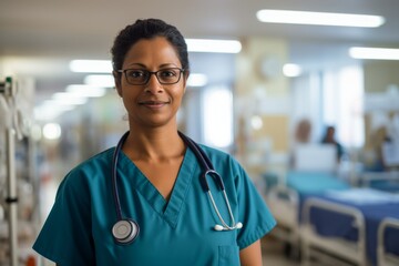 Wall Mural - Smiling portrait of a middle aged Indian nurse in hospital