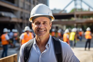 Smiling portrait of a middle aged Caucasian businessman on construction site