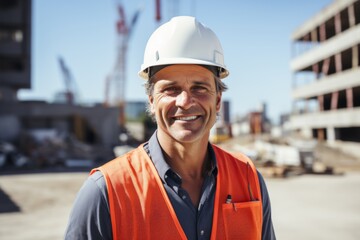 Smiling portrait of a middle aged Caucasian businessman on construction site