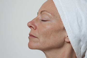 Wall Mural - old middle aged relaxed adult woman profile portrait relaxing in spa studio with towel on head, skin