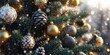 © The 2R Artificiality - Close-up of a beautifully decorated Christmas tree adorned with golden, black, and silver ornaments, ideal for winter holiday greeting cards.