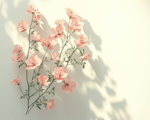 Wall Mural - pink flowers with green leaves, white background
