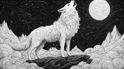 Wall Mural - majestic wolf howls at the full moon in a starry night sky above a tranquil mountain landscape, colo