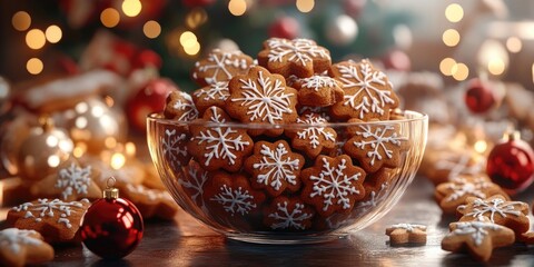 Beautifully arranged traditional gingerbread cookies with festive decorations served in a glass bowl, perfect for holiday celebrations