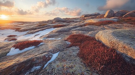 A beautiful sunset over a rocky landscape with snow and red vegetation.