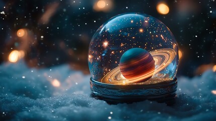 snow globe with a miniature galaxy inside, featuring tiny planets and glowing stars