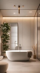 Wall Mural - House interior of cozy modern elegant bathroom with a freestanding bathtub and toiletries Vertical 4K