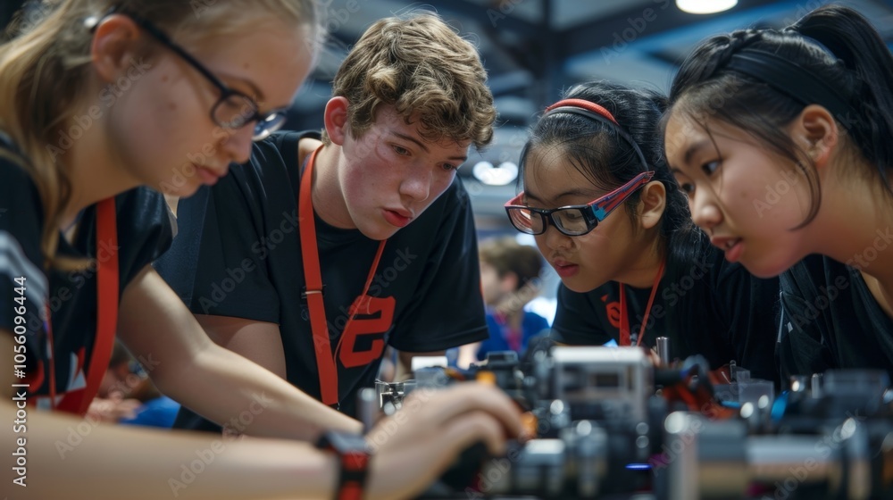 Diverse students collaborate on building a robot in a classroom ...