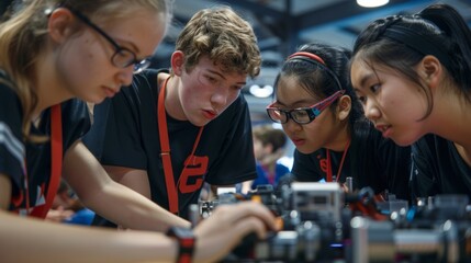 Diverse students collaborate on building a robot in a classroom workshop, learning about robotics, engineering, and coding for future stem fields