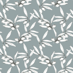 Olive branches and olives, sketched in pencil with a soft blue grey background. Detailed botanical Seamless pattern. This clipart is ideal for textiles, digital art, or home decor projects