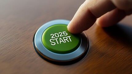 a finger presses a green button labeled '2025 start' on a wood surface. this image symbolizes the st