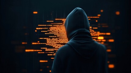 Silhouette of a hooded figure facing a digital screen with glowing orange code and data. The image conveys themes of cybersecurity, hacking, and digital information technology.