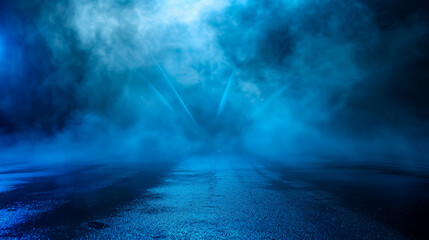 Wall Mural - blue dark background of an empty foggy street with wet asphalt, illuminated by a searchlight, laser 
