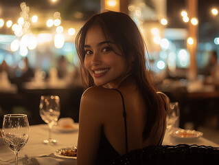 Attractive, smiling young Filipina woman sitting at the table in a dimly lit restaurant, wearing a black dress with a deep neckline, enjoying a romantic dinner for two, with the ni