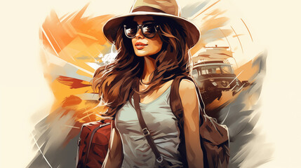 Illustration of a girl with luggage. Girl traveler. Tourist. Travel.