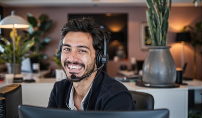 man wearing a headset and smiling while sitting at a desk in front of a computer. On the desk there is a monitor, keyboard, mouse, and other objects. In the background there are houseplants, a lamp,