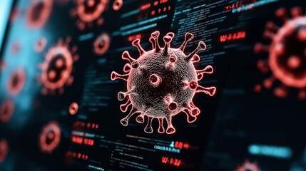 Close-up of digital representation of a virus particle with highlighted details against a background of computer code in a scientific context.