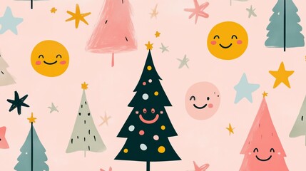 christmas trees and happy stars pattern on pastel pink background cute festive smiling faces