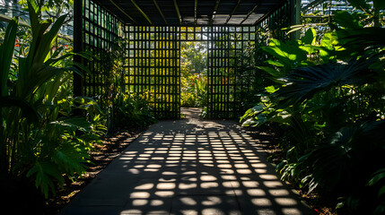 Intricate Geometric Lattice Structure Surrounded by Vibrant Foliage Featuring Stunning Interplay of Light and Shadow