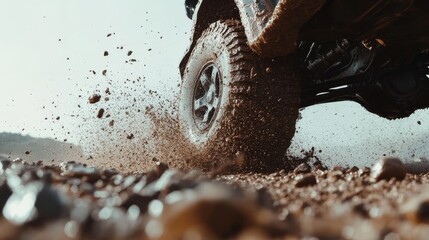 low-angle close-up of off-road vehicle's spinning wheels, splashing mud and dirt, illuminated by sunlight through a dust cloud